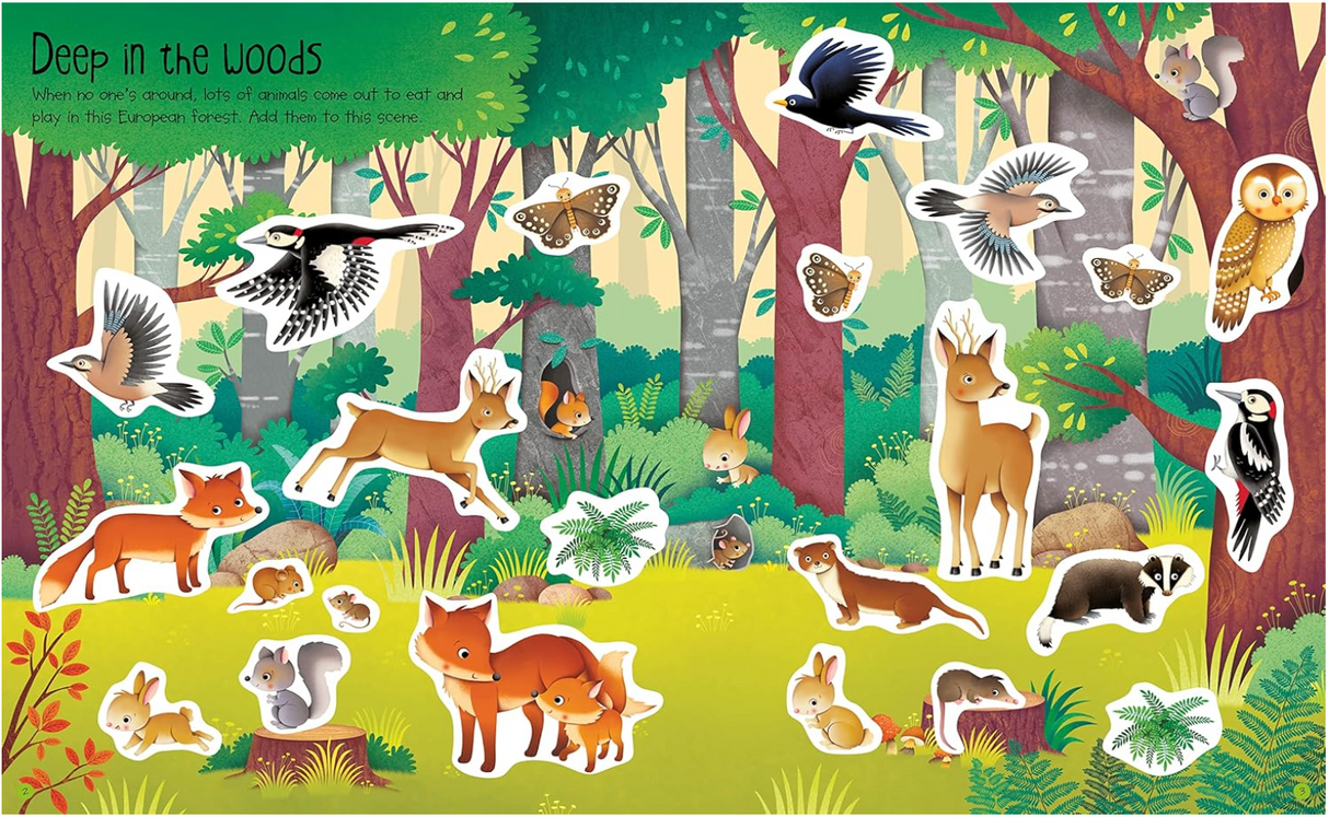 Illustrated forest scene with various woodland animals and plants for a children's sticker book activity.