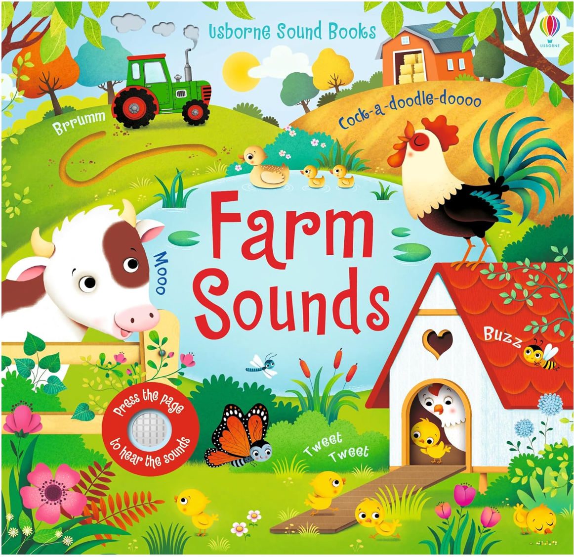 Colorful farm scene with animals and tractor illustrating the interactive sound book for toddlers featuring farmyard sounds.