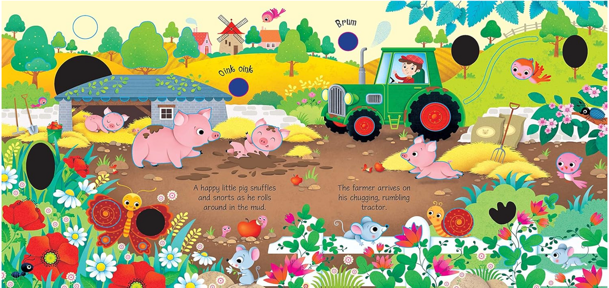 Colorful farmyard scene with playful piglets, a farmer on a tractor, animals, flowers, and interactive holes for toddlers.