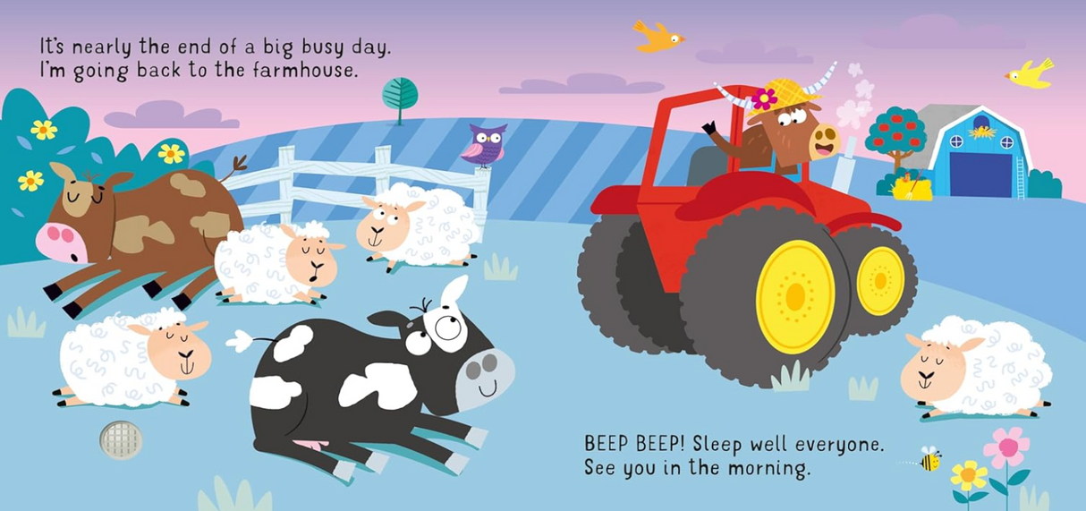 Illustration of a friendly farmer driving a red tractor past sleeping cows and sheep near a farmhouse at sunset.