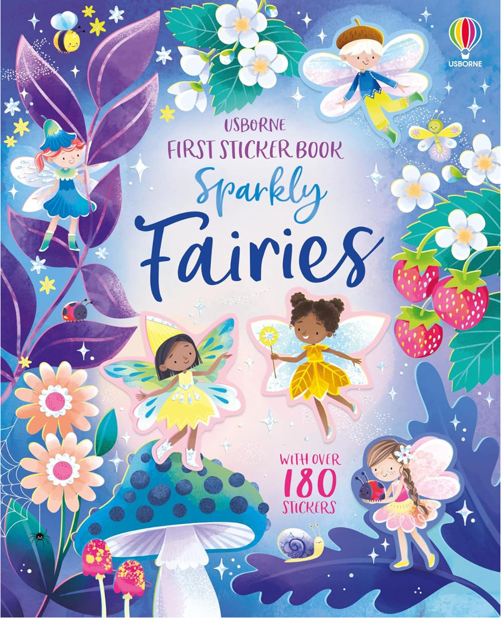 Colorful cover of a children's sticker book featuring diverse fairies, flowers, and strawberries in a magical forest setting