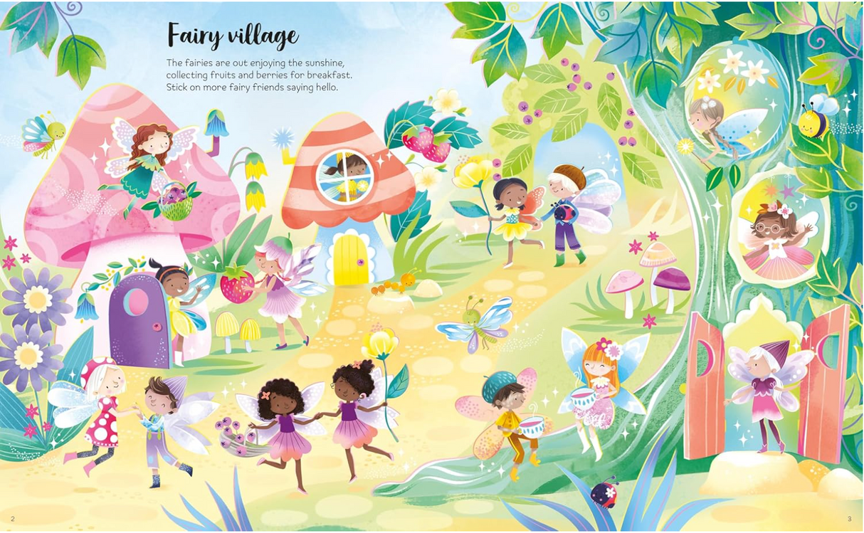 Colorful illustration of a cheerful fairy village with fairies playing, dancing, and exploring among flowers and mushroom houses