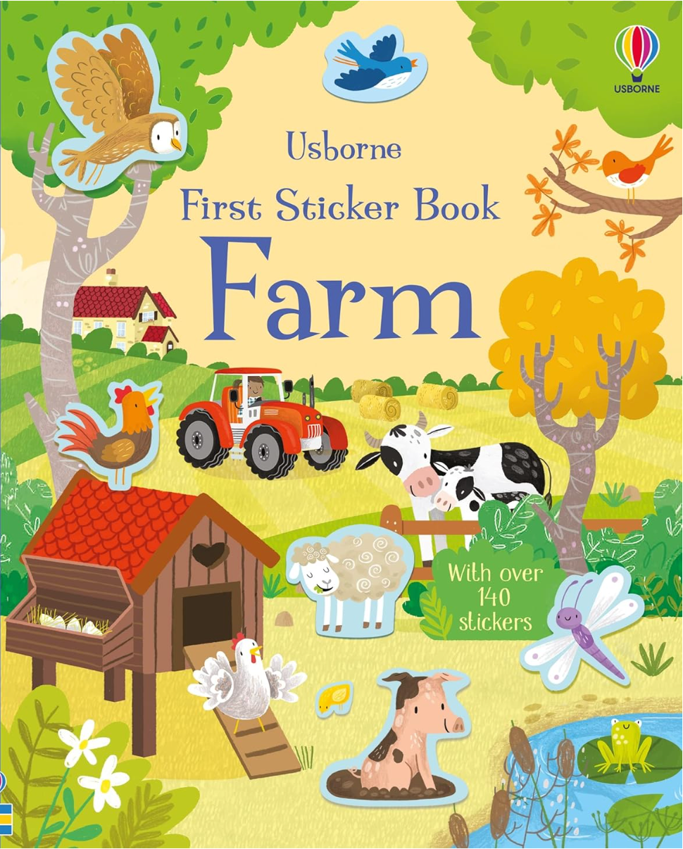 Colorful farm scene with animals, tractor, and trees on the cover of a children's first sticker book for ages 3 to 5.