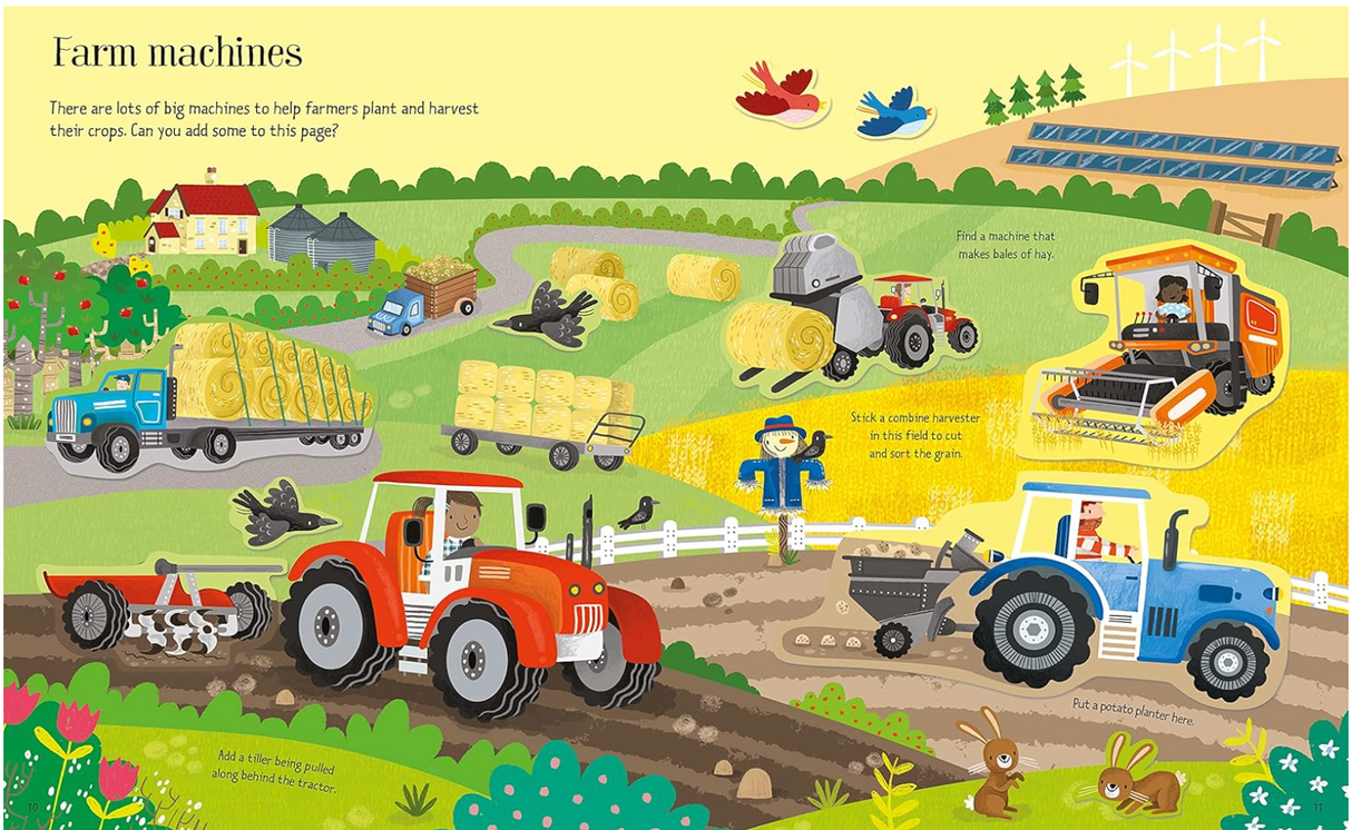 Colorful farm scene showing tractors, trucks, hay bales, birds, rabbits, and solar panels on a bright sunny day.