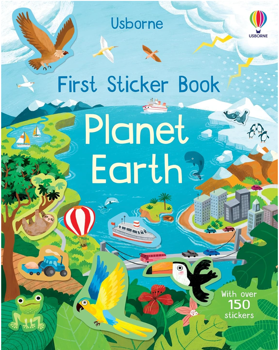 Colorful illustrated cover of a children's sticker book showing diverse animals and Earth scenes with ships and buildings