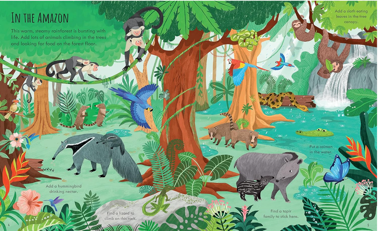 Illustrated rainforest scene with diverse animals and plants, designed for a children's sticker book about Planet Earth.