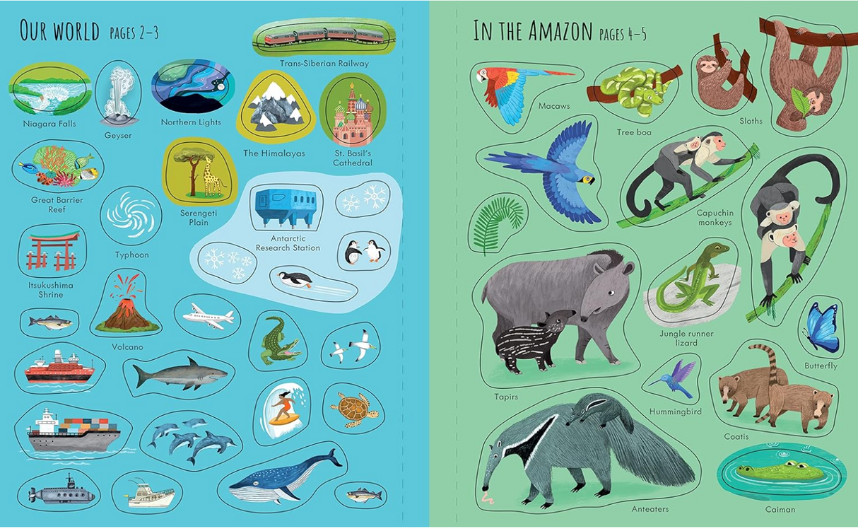 Open pages of a children's sticker book showing animals and landmarks from around the world and the Amazon rainforest.