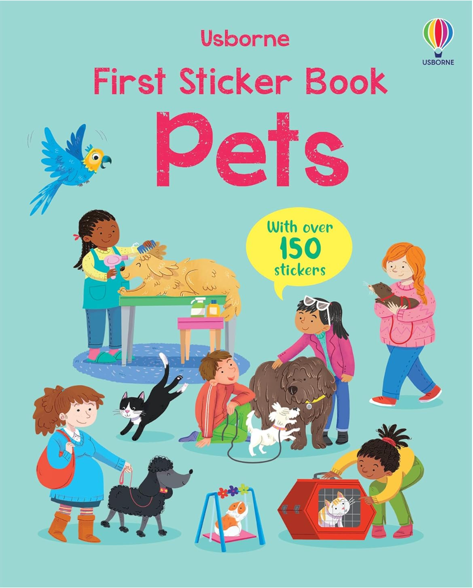 Children placing stickers of various playful pets like dogs, cats, birds, and hamsters on colorful book cover.