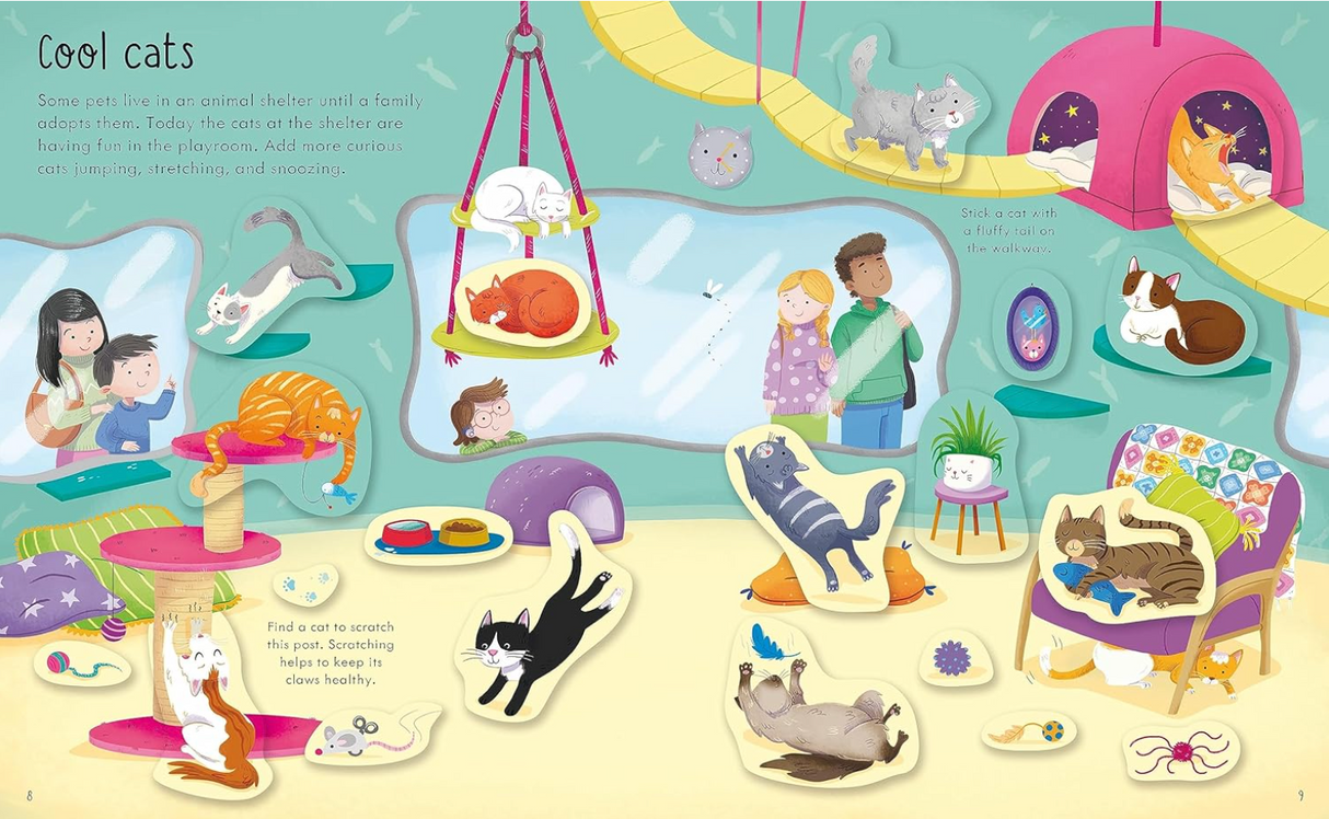 Illustration of playful cats in a colorful room with children observing in the First Sticker Book Pets product.