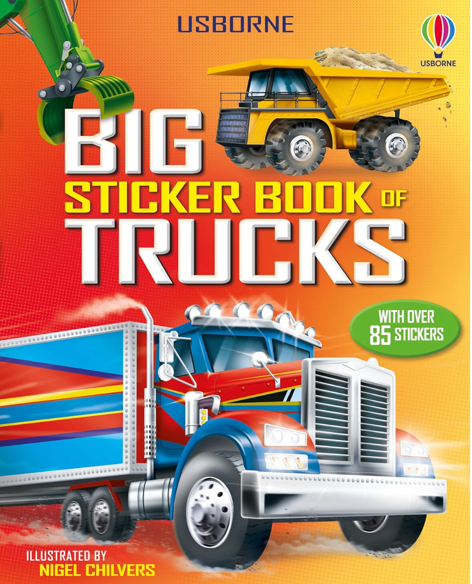 Cover of a colorful sticker book featuring detailed illustrations of trucks and machinery for children ages 3 to 5