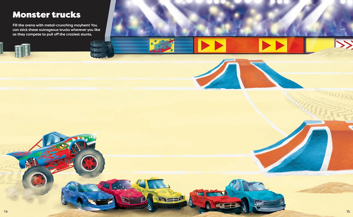 Illustration of colorful monster trucks racing and performing stunts on a sandy arena with ramps and audience stands