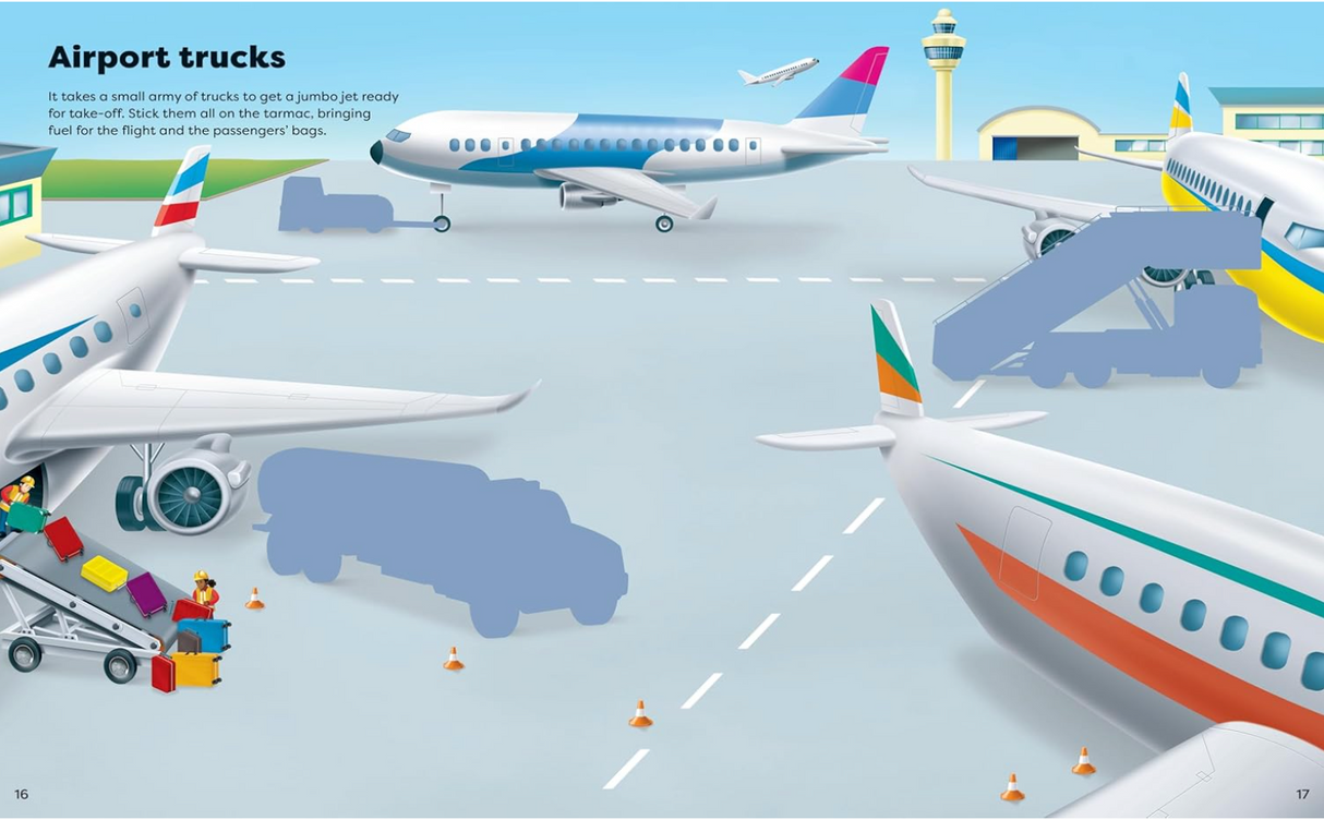 Illustration of airport trucks loading luggage and refueling airplanes on a runway with planes and control tower in background