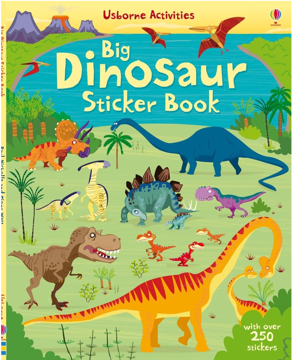 Colorful cover of Big Dinosaur Sticker Book featuring various friendly dinosaurs in prehistoric landscape with volcano and trees