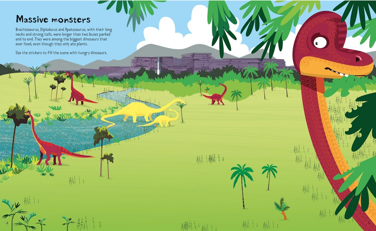 Illustrated dinosaur scene with diverse species near water, trees, and mountains for interactive sticker book fun.