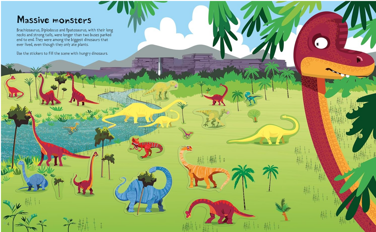 Colorful prehistoric scene with various dinosaurs in a lush landscape from a children's sticker book page.