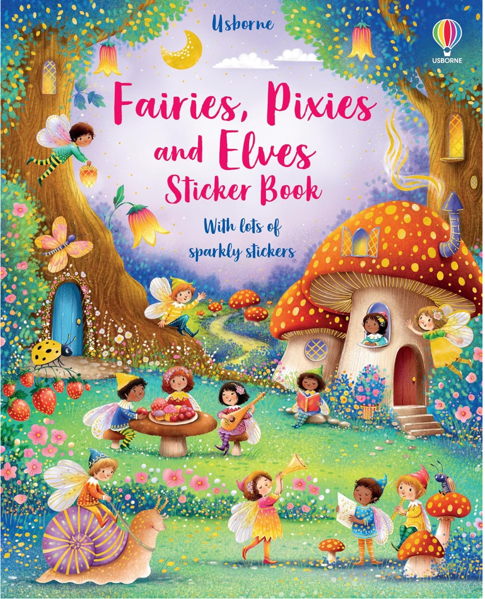 Colorful fairy and elf characters in a magical woodland scene with mushroom houses and glowing lanterns playing together.