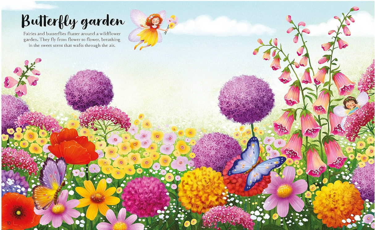 Colorful wildflower garden with fairies, butterflies, and pixies fluttering and playing among vibrant blooms.