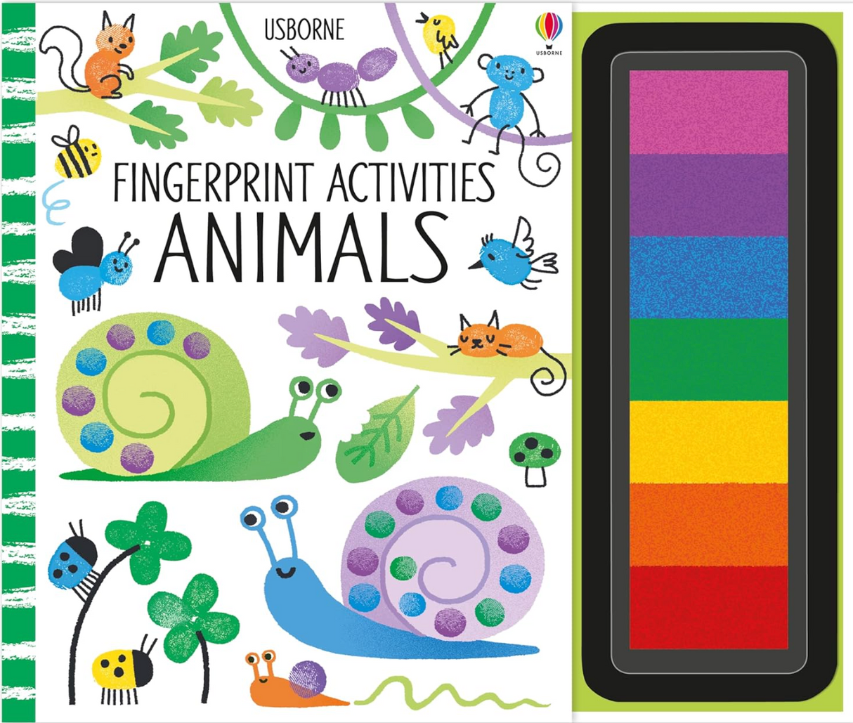 Children’s fingerprint activities book featuring colorful animals and a seven-color inkpad for creative play.