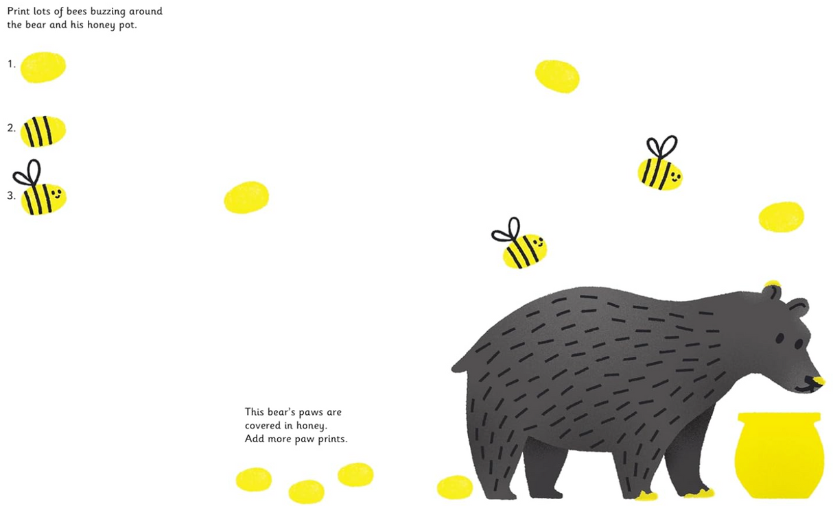Bear with honey pot and bees buzzing, featuring yellow fingerprint spots to complete the animal activity page.