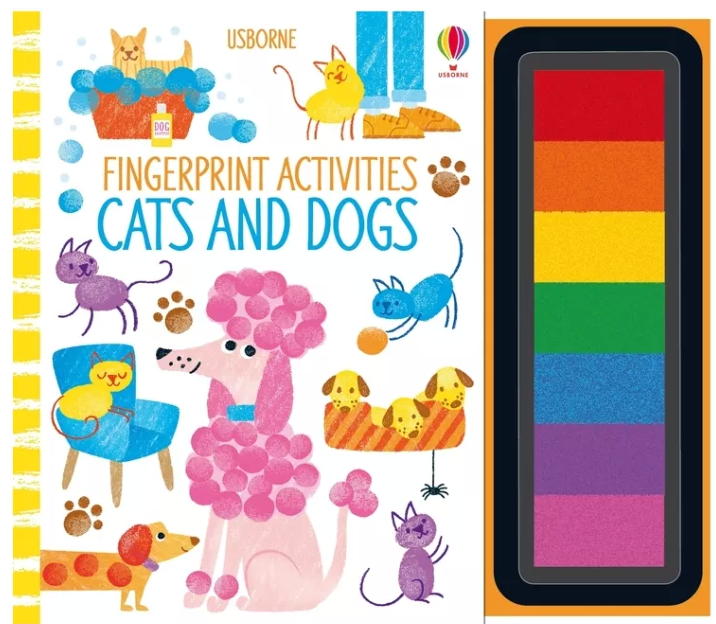 Colorful fingerprint art of cats and dogs on activity book cover with included rainbow inkpad for creative play