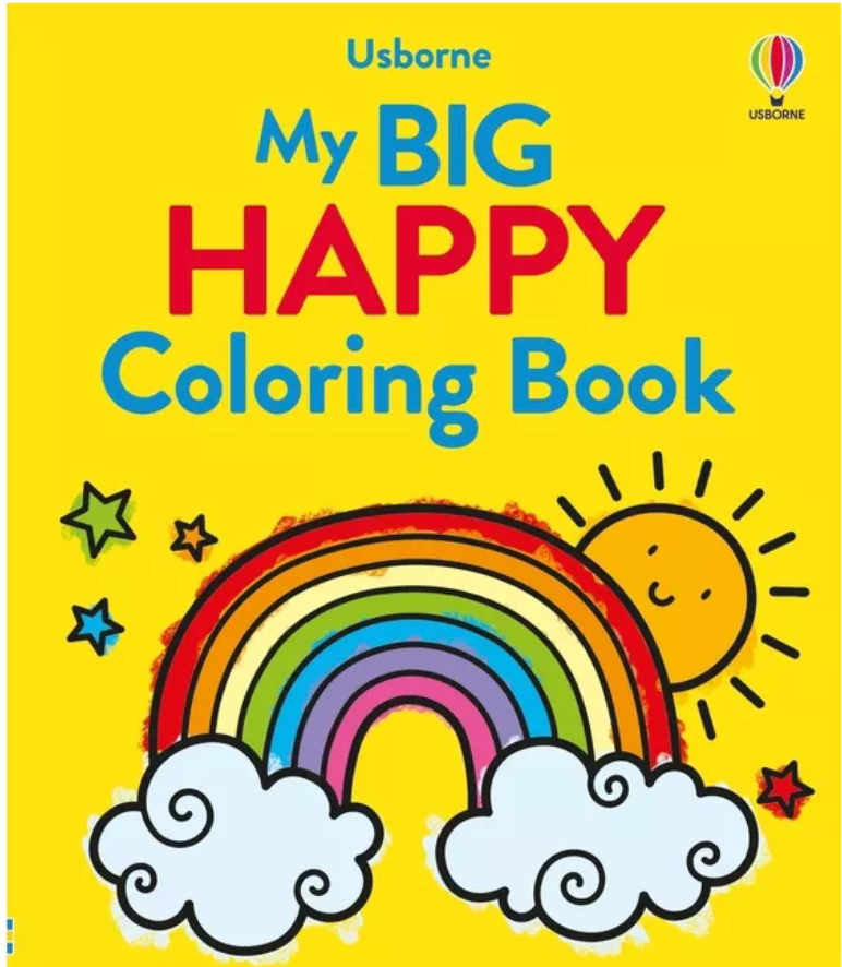 Bright yellow cover of a children's coloring book with a smiling sun, rainbow, and stars illustration
