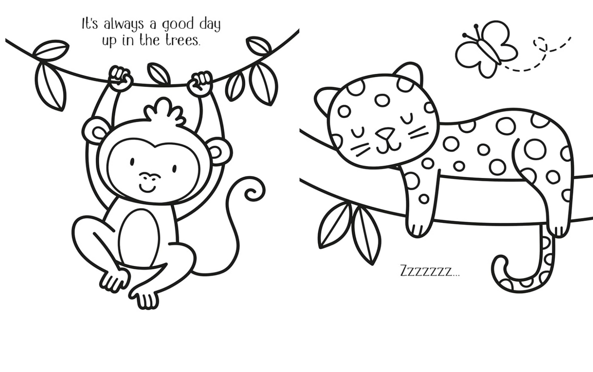 Black and white coloring page with a smiling monkey hanging from a branch and a spotted cat resting on a tree limb