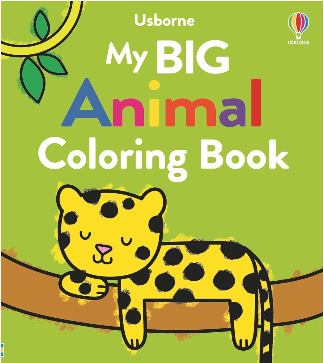 Cover of a children's coloring book featuring a cute spotted leopard resting on a tree branch against a green background