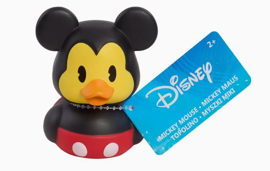 Rubber duck bath toy dressed as Mickey Mouse with black ears and red shorts for imaginative water play