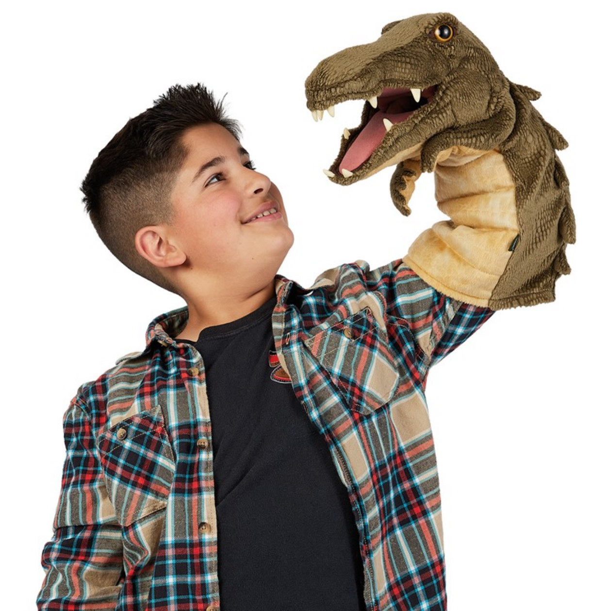 Boy playing with a detailed crocodile puppet with a movable mouth, perfect for imaginative storytelling and fun play.