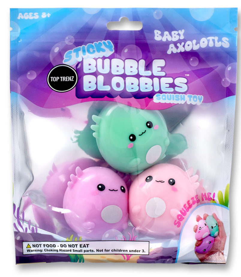Packaging of sticky bubble blobbies featuring three colorful baby axolotl squishy toys for sensory play and stress relief.