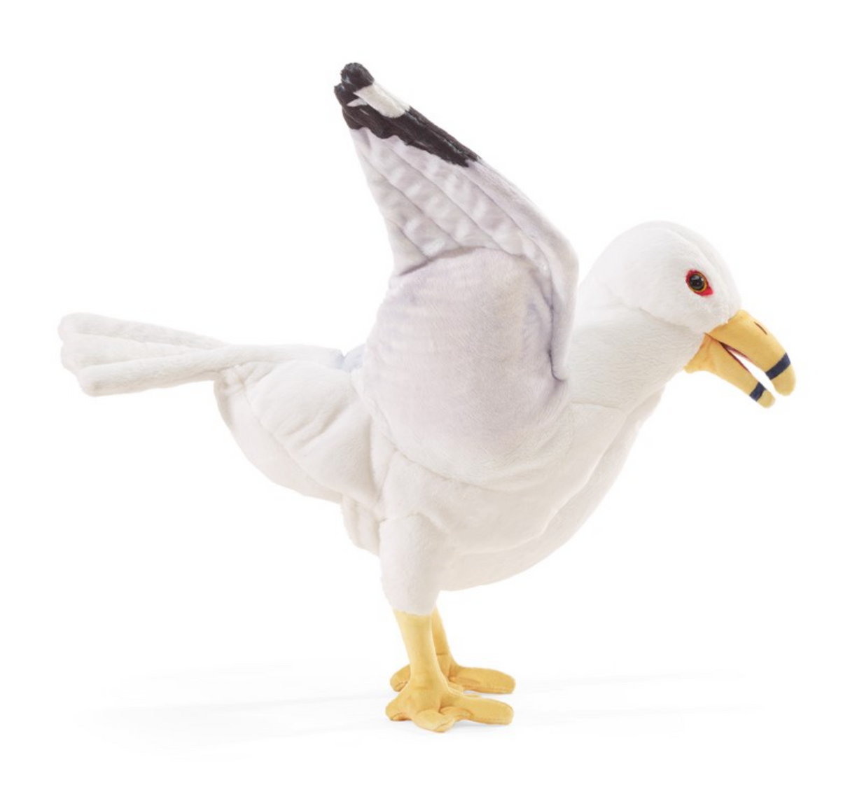White seagull puppet with movable beak and wings, standing with wings raised and yellow feet on white background