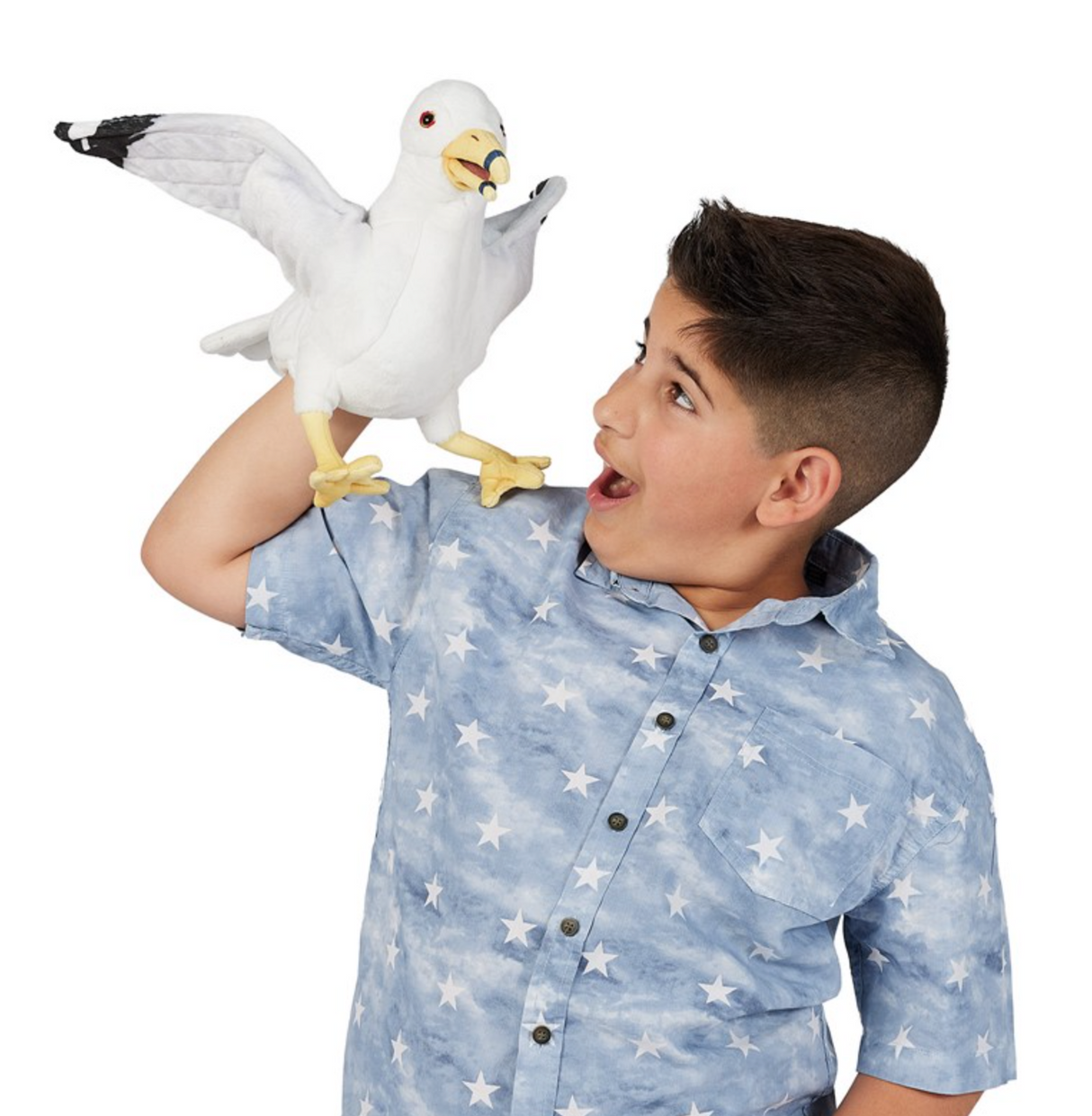 Boy playing with a white Gull puppet with movable beak and wings wearing a blue star-patterned shirt