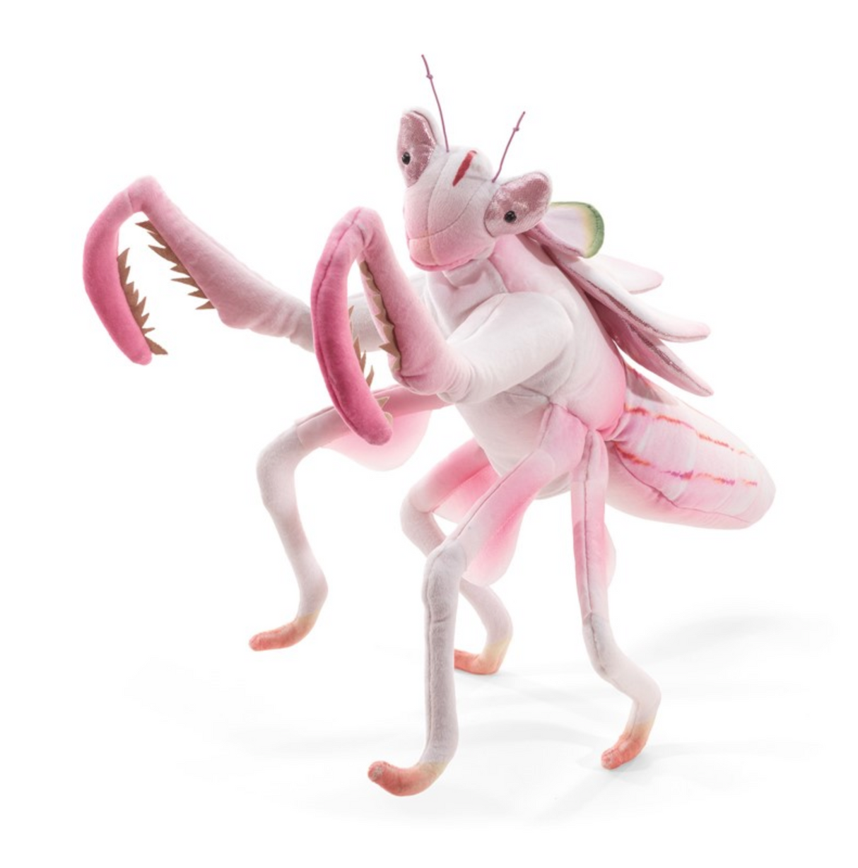 Pink and white orchid mantis puppet with detailed legs and alien-like eyes, measuring 18 inches long for imaginative play.