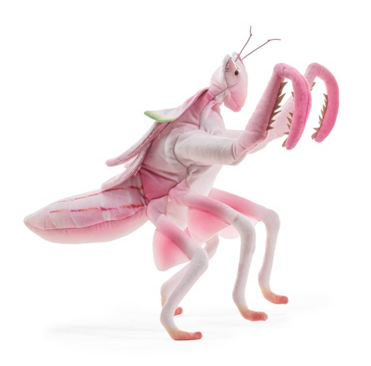 Pink and white Orchid Mantis puppet with long legs and detailed features, designed for five-finger operation and lifelike movement