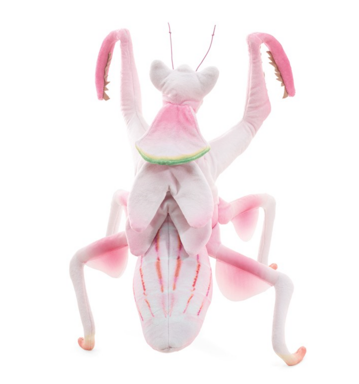 Soft pink and white Orchid Mantis puppet with long adjustable legs and intricate flower-like details on body