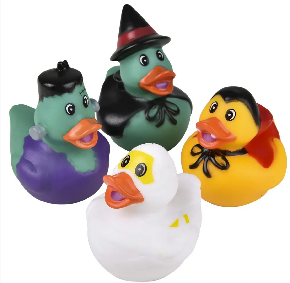 Four Halloween-themed rubber ducks dressed as a witch, vampire, mummy, and Frankenstein for bath time fun