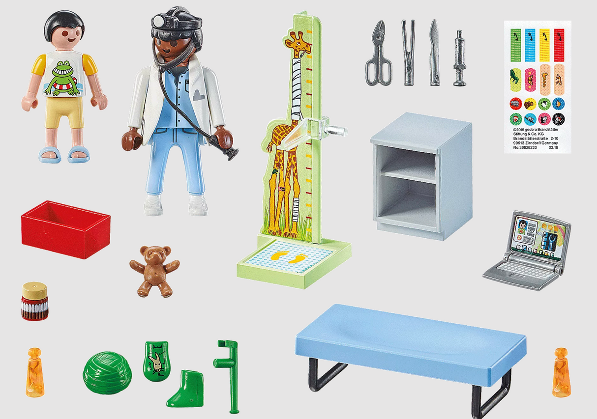 Set of pediatrician and child figures with medical tools, growth chart, teddy bear, and exam table for pretend play.