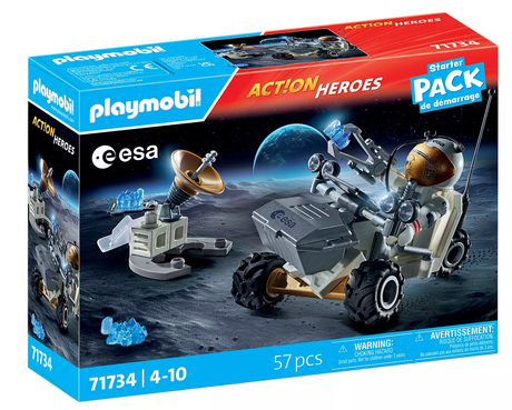 Playmobil Action Heroes space mission set with lunar vehicle, astronaut figure, satellite dish, and moon surface accessories.