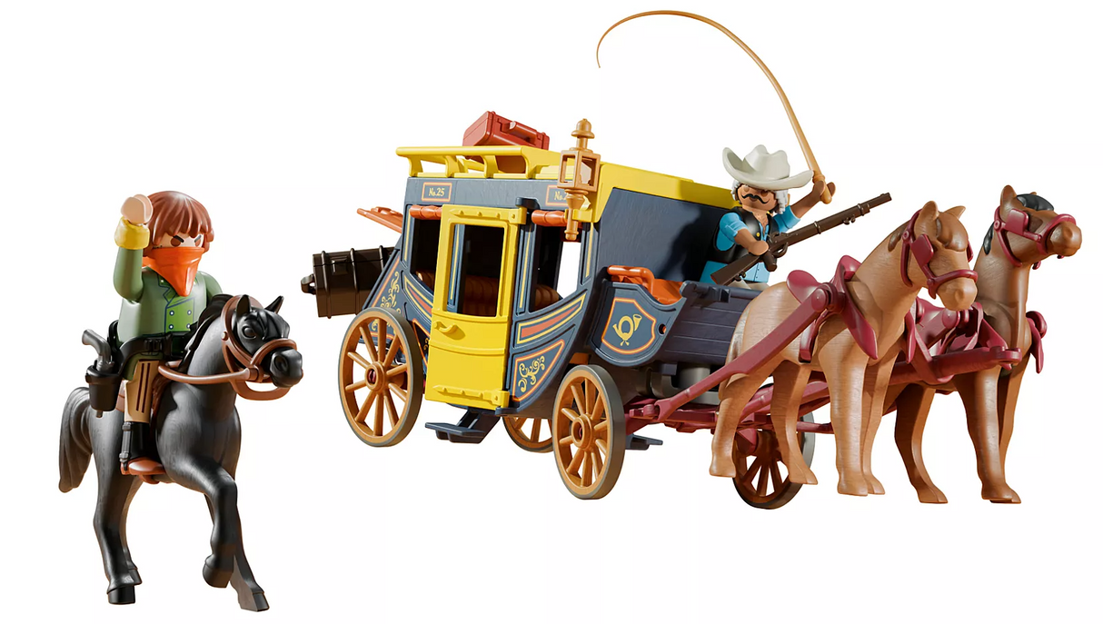 Wild West Stagecoach playset with two cowboys, three horses, luggage, and accessories for adventure scenes