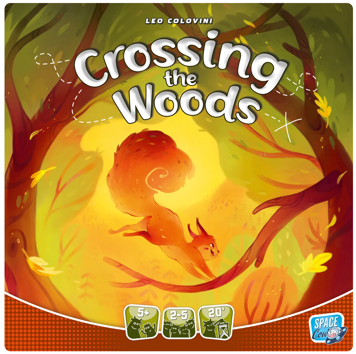 Colorful board game cover featuring Squirly the squirrel leaping through a bright forest in Crossing the Woods