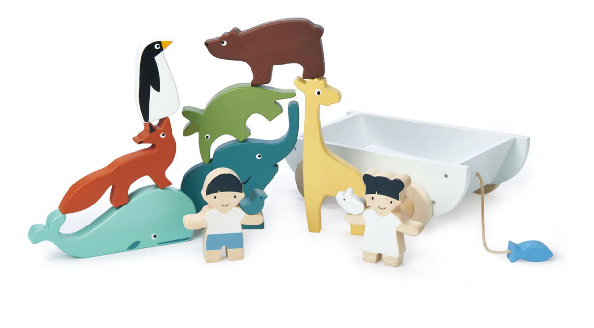 Wooden toy set featuring colorful animals and children with a white boat on natural wheels for toddlers aged three plus