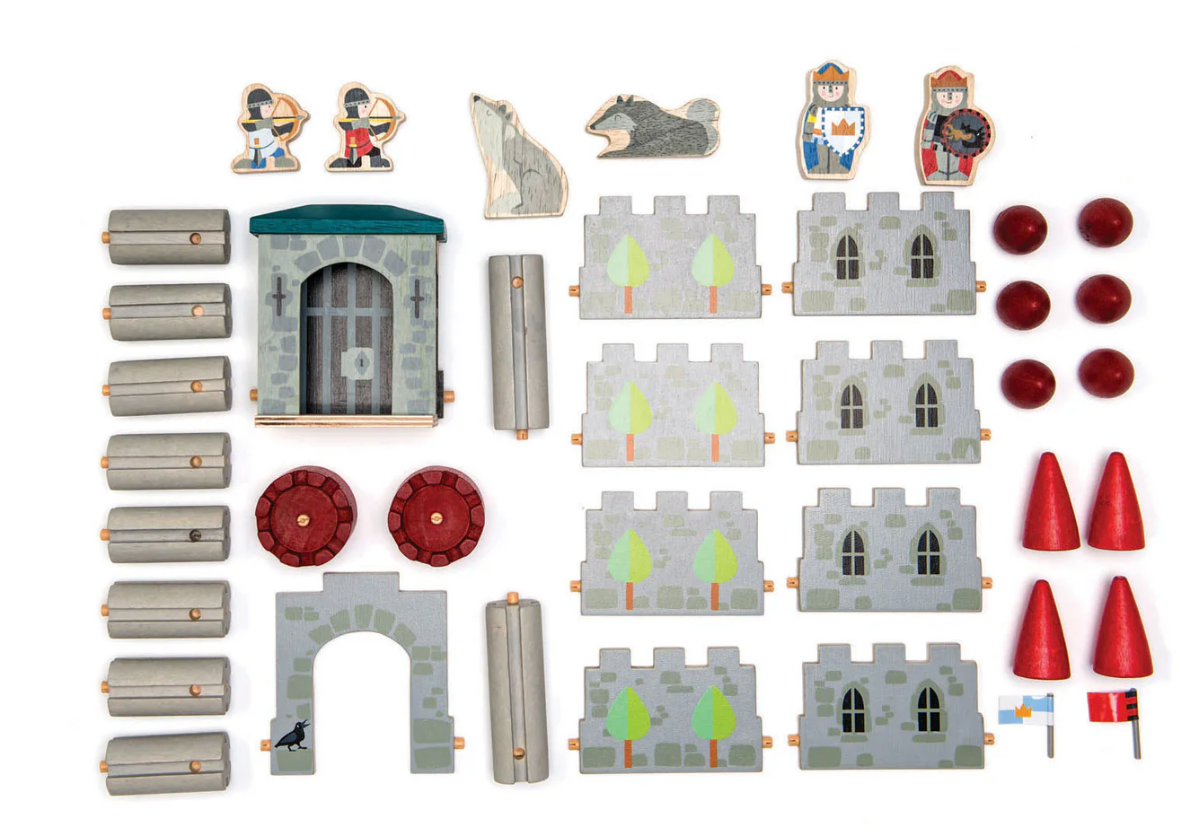 Wooden castle playset with archway, walls, soldiers, wolves, flags, and red cones for creative building fun
