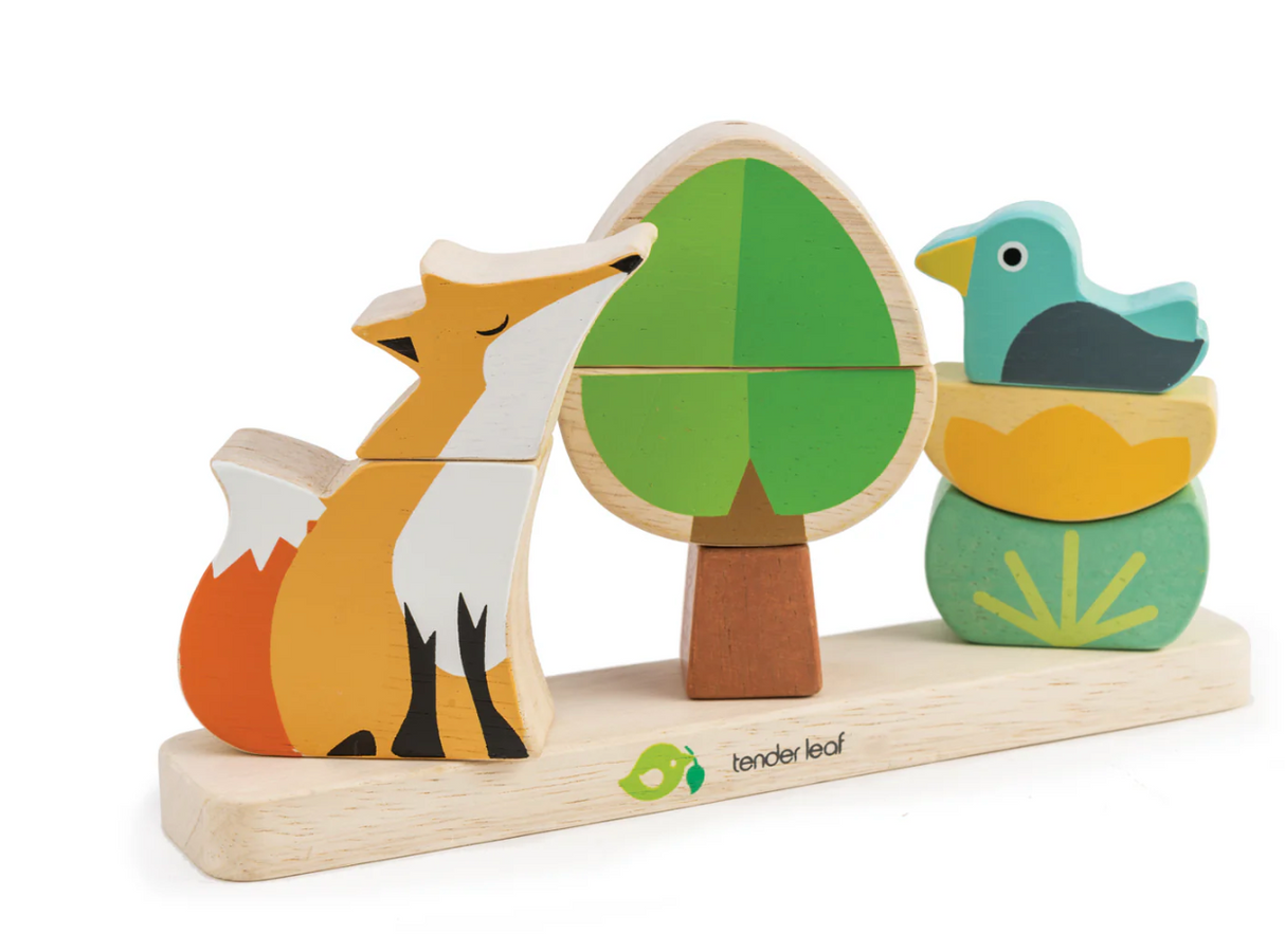 Wooden Foxy Magnetic Stacker with a fox, tree, and duck pieces designed for toddler shape and matching play.