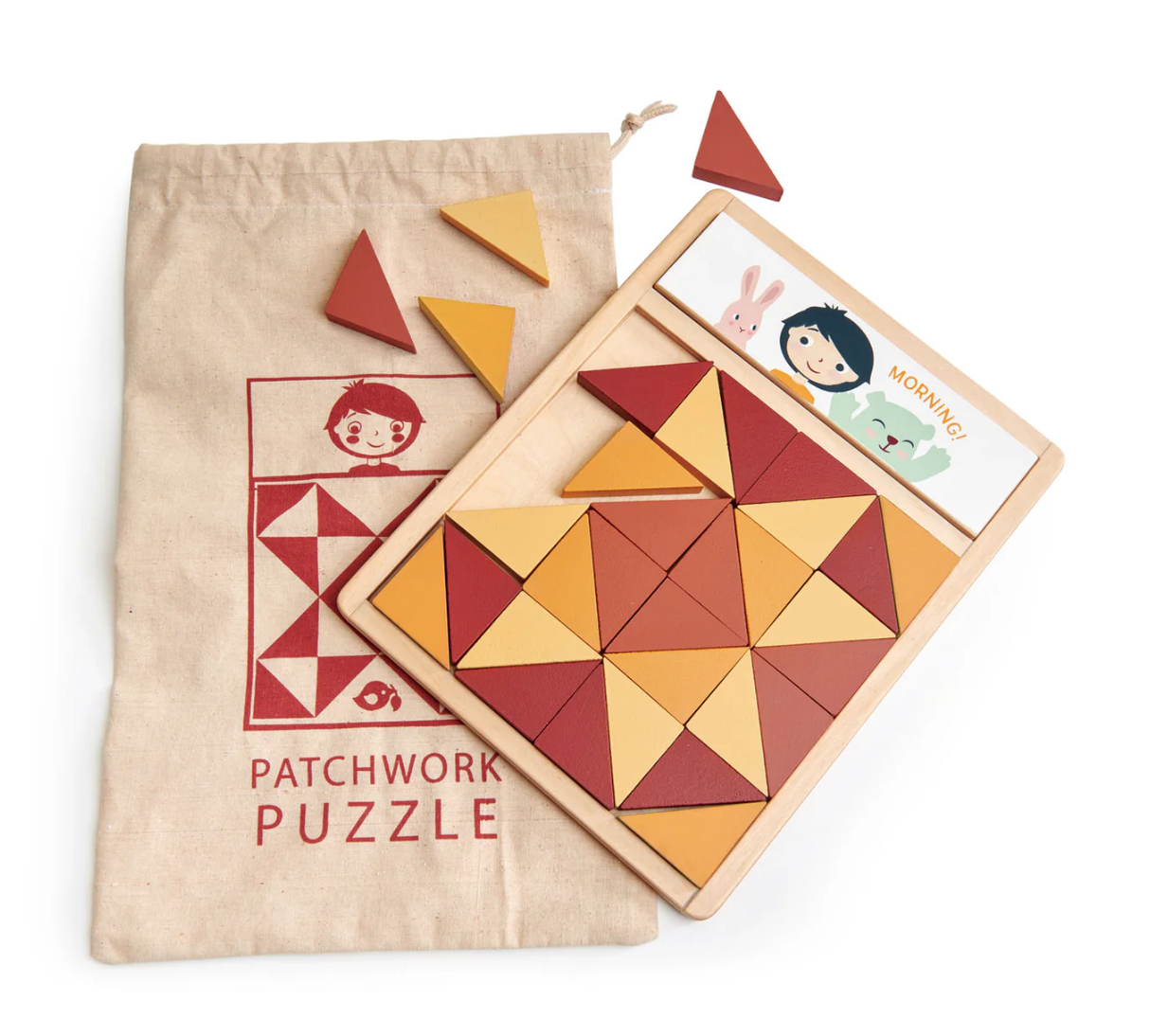 Wooden patchwork quilt puzzle with triangular pieces in red, orange, and yellow on a wooden board and pouch.