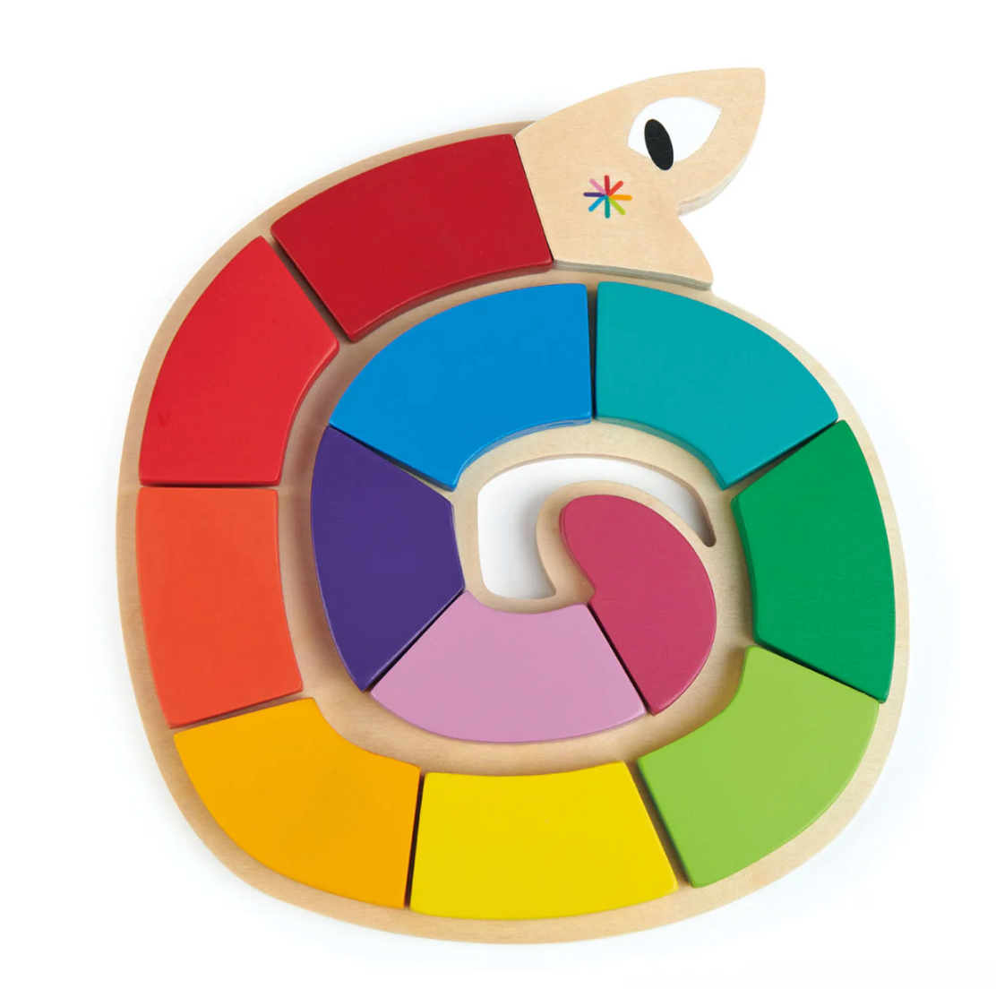Brightly colored wooden snake puzzle with 12 pieces matching colors and shapes for toddler play and learning.