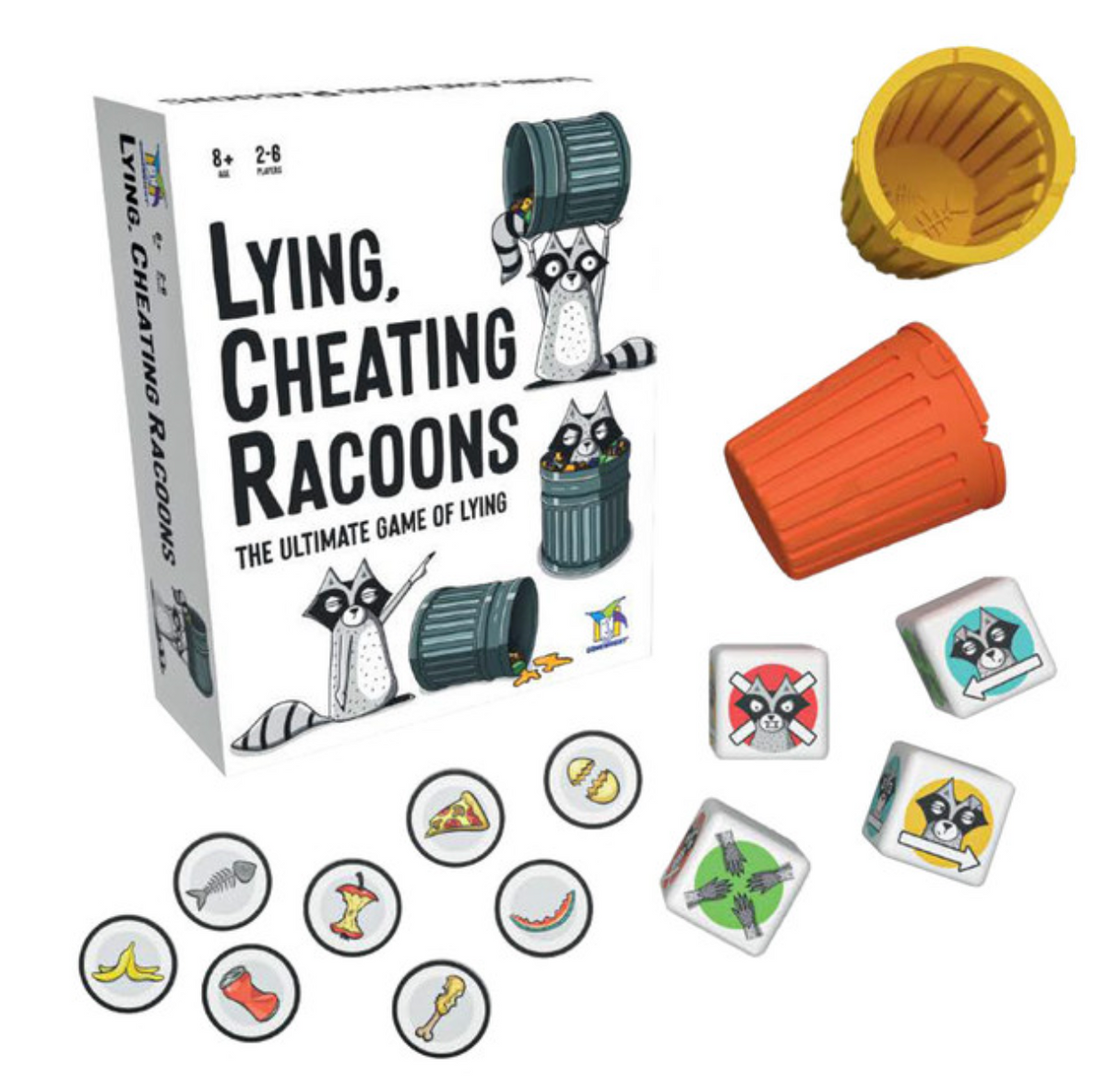 Board game with raccoon-themed dice, trash tokens, and cups for a fun group lying and deceit challenge.