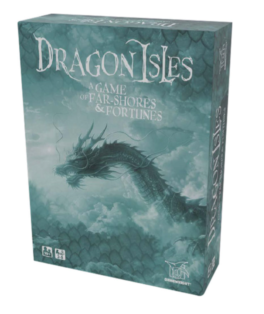 Dragon Isles board game box featuring an Eastern dragon soaring through misty clouds with fantasy design elements.