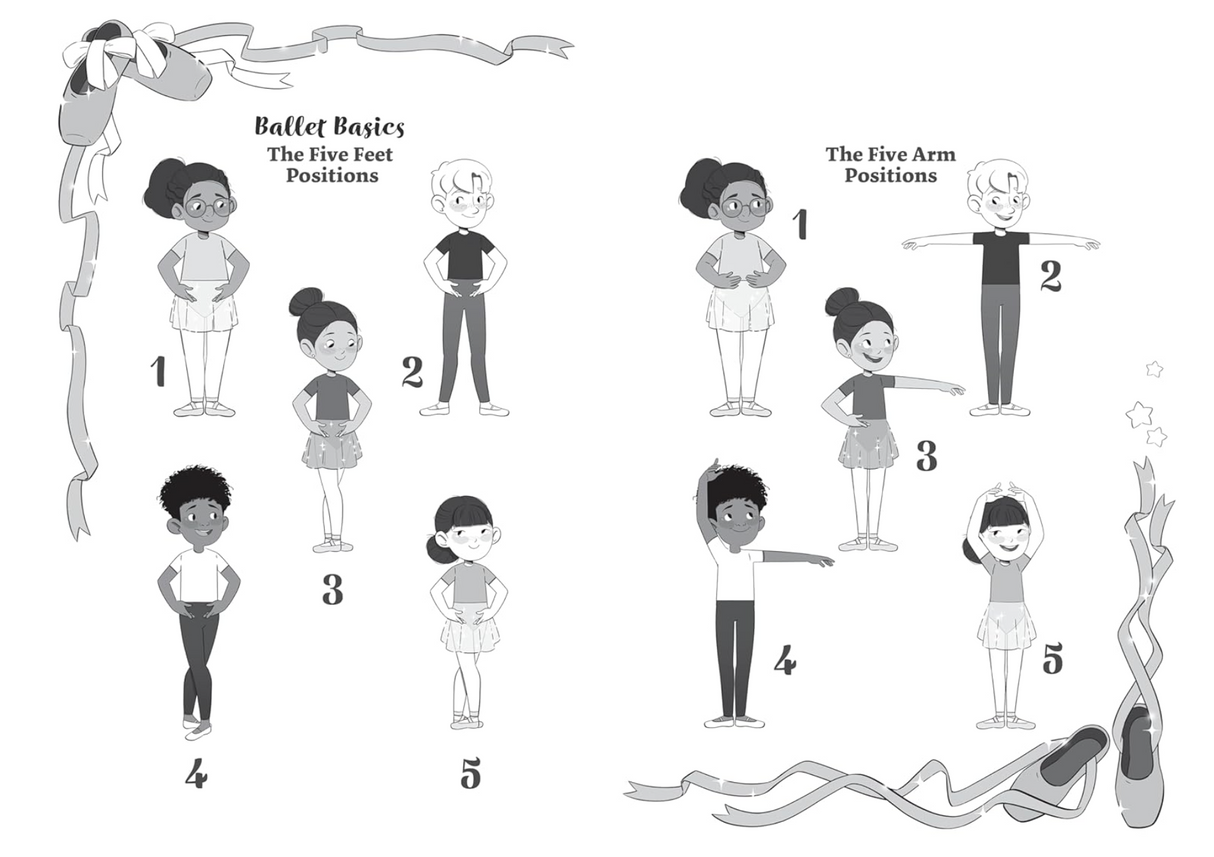 Black-and-white illustration of diverse children demonstrating the five basic ballet foot and arm positions with ribbons and ballet shoes.