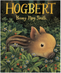 Illustration of a young wild boar peeking through forest foliage on the cover of Hogbert children's book.