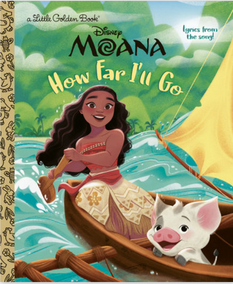 Book cover of Little Golden Book featuring Disney Moana and her pet pig sailing on the ocean with a bright yellow sail
